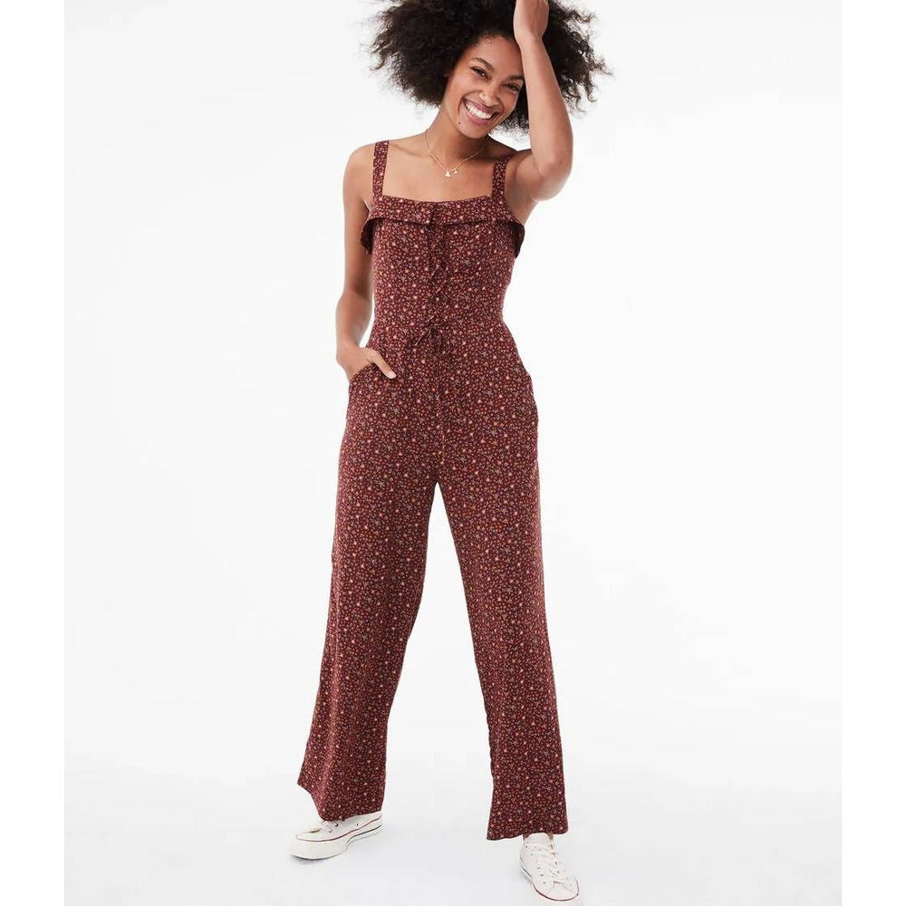 Aeropostale Y2K Floral Ruffle Square Neck Wide Leg Jumpsuit Women Size S - Picture 2 of 7